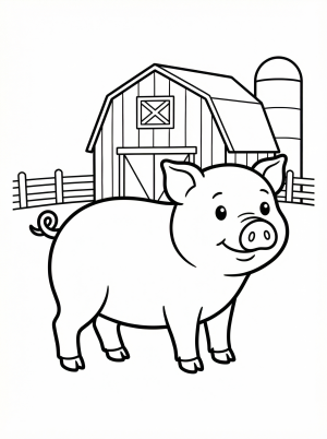 An anatomically correct pig stands within a detailed farm scene, featuring a classic barn with a pitched roof and a sturdy wooden fence.