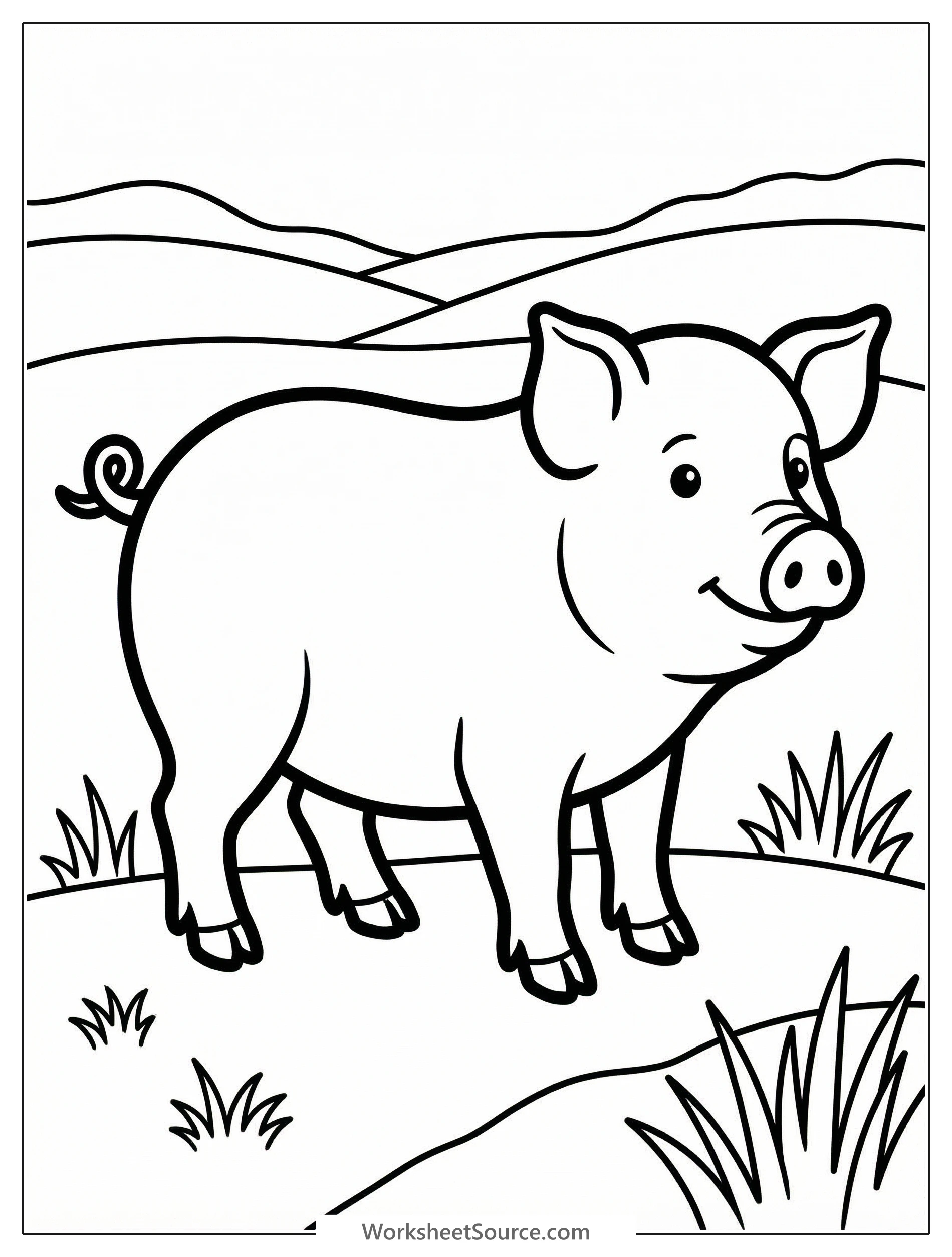 Anatomically accurate illustration of a pig standing in a lush green open field with blades of grass around its feet, ready for coloring.