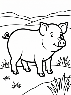 Anatomically accurate illustration of a pig standing in a lush green open field with blades of grass around its feet, ready for coloring.