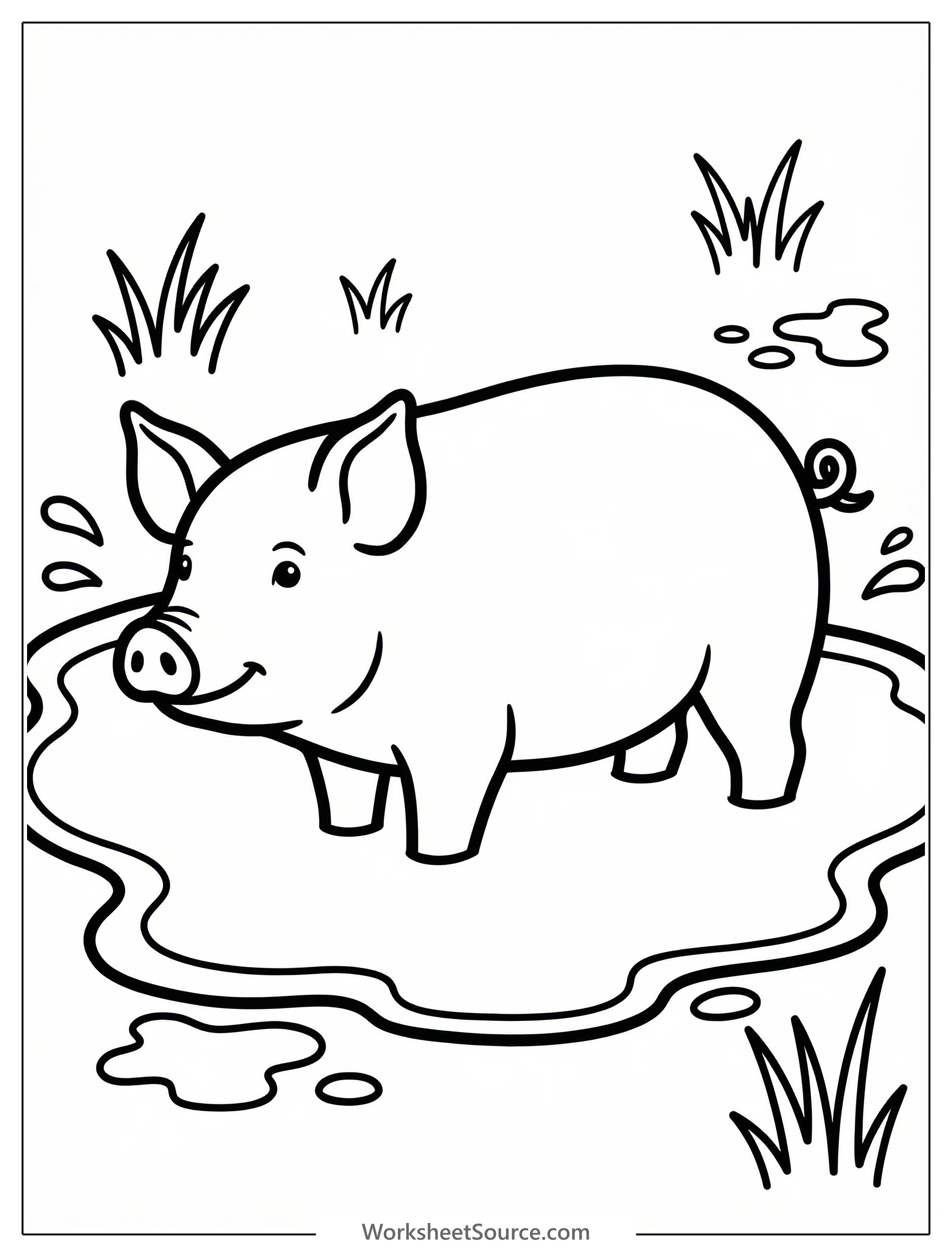 Anatomically correct pig standing in a muddy puddle, its body covered in mud, with a happy expression. Clear outline drawing suitable for coloring.