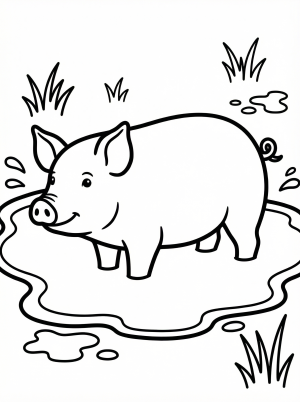 Anatomically correct pig standing in a muddy puddle, its body covered in mud, with a happy expression. Clear outline drawing suitable for coloring.