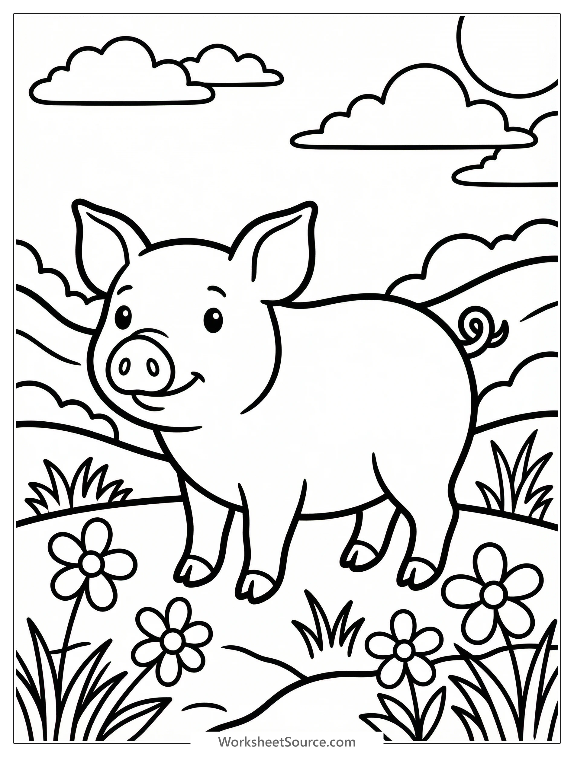 An anatomically correct pig stands thoughtfully in a vibrant green spring pasture. Detailed lines outline its body amid lush grass and budding flora.