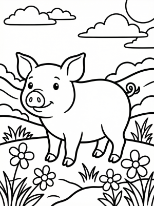 An anatomically correct pig stands thoughtfully in a vibrant green spring pasture. Detailed lines outline its body amid lush grass and budding flora.