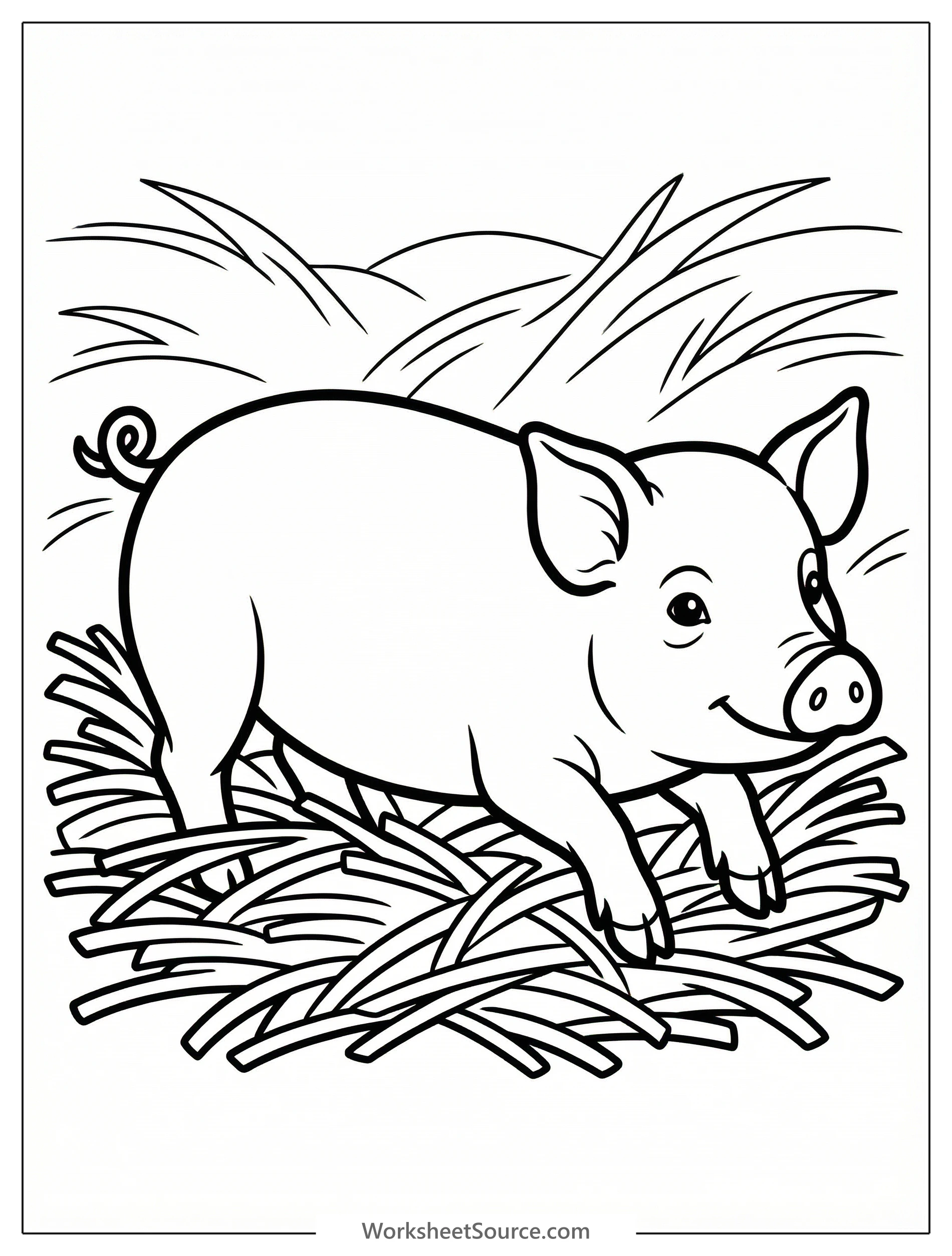 Anatomically correct drawing of a domestic pig resting in a bed of golden straw. The pig has detailed features, ready for coloring and learning about farm animals.