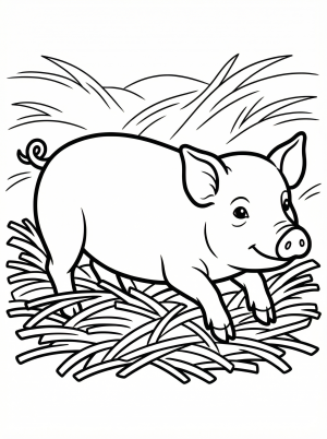 Anatomically correct drawing of a domestic pig resting in a bed of golden straw. The pig has detailed features, ready for coloring and learning about farm animals.
