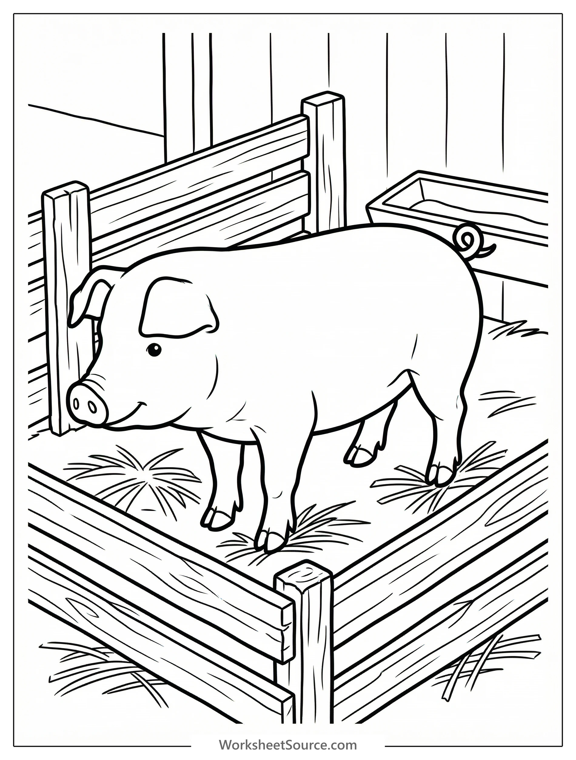 An anatomically correct pig standing inside a wooden sty with straw on the ground, depicted in a printable coloring page format.