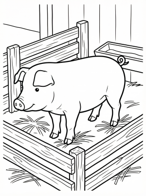 An anatomically correct pig standing inside a wooden sty with straw on the ground, depicted in a printable coloring page format.