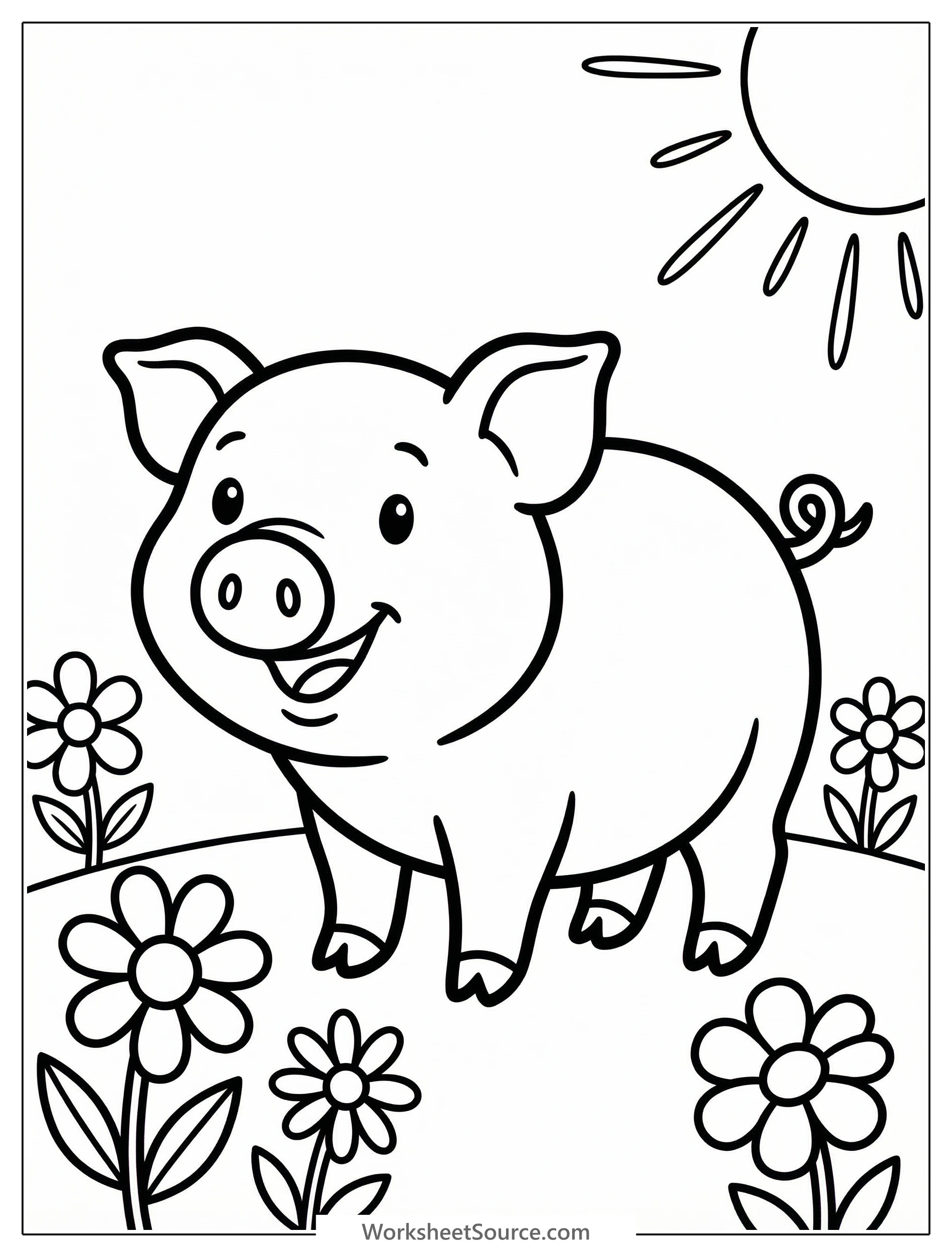 Detailed illustration of an anatomically correct pig standing in a sunny pasture. The pig has a gentle expression and is bathed in warm light.