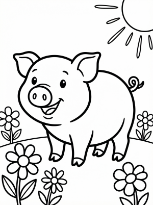Detailed illustration of an anatomically correct pig standing in a sunny pasture. The pig has a gentle expression and is bathed in warm light.