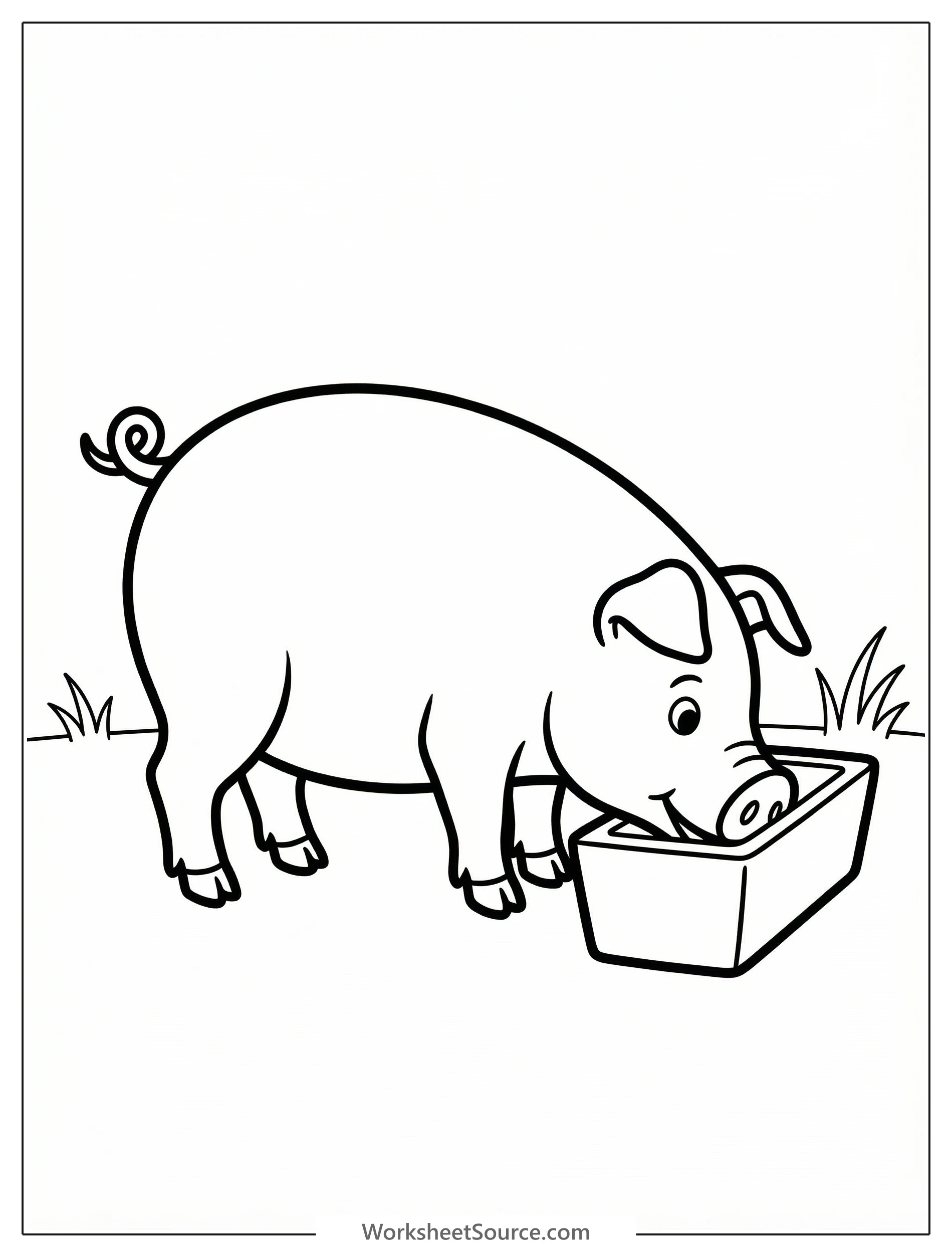 An anatomically correct pig with a visible snout, ears, and hooves, stands with its head deep inside a wooden feeding trough, illustrating typical farm animal behavior.