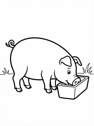 An anatomically correct pig with a visible snout, ears, and hooves, stands with its head deep inside a wooden feeding trough, illustrating typical farm animal behavior.