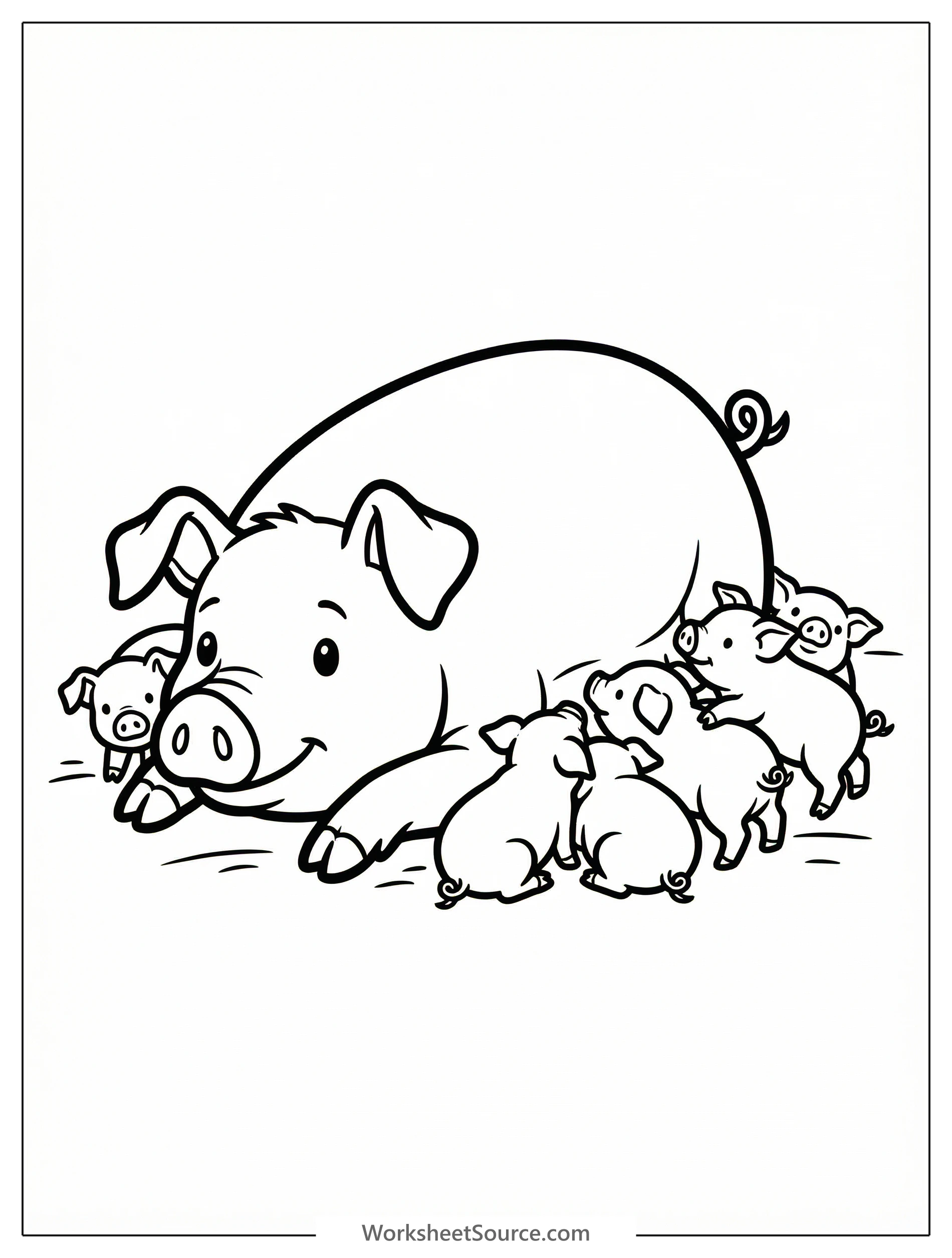 A delightful coloring page featuring an anatomically correct mother pig nursing her adorable litter of piglets in a grassy field.
