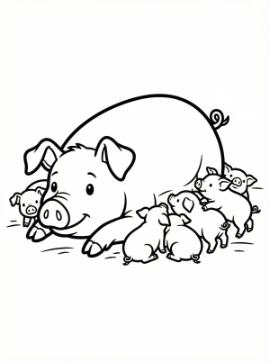 A delightful coloring page featuring an anatomically correct mother pig nursing her adorable litter of piglets in a grassy field.