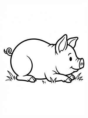 Detailed illustration of an anatomically correct pig lying on its side with legs tucked, ready for coloring and learning about farm animals.