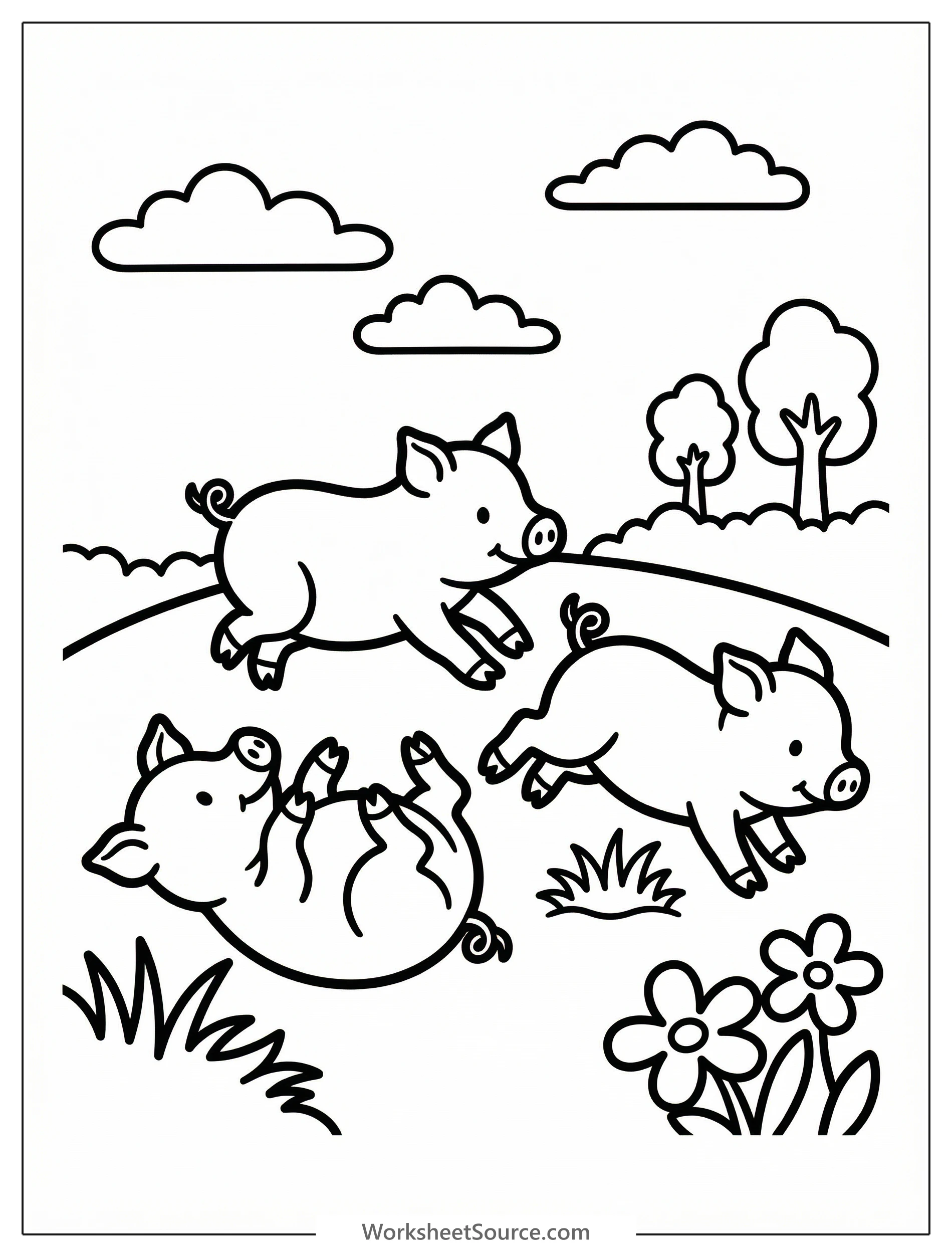 Outline drawing of three anatomically correct piglets joyfully playing. One piglet runs, another tumbles, and a third watches, showcasing playful movement.
