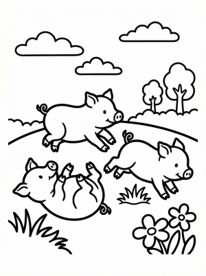 Outline drawing of three anatomically correct piglets joyfully playing. One piglet runs, another tumbles, and a third watches, showcasing playful movement.