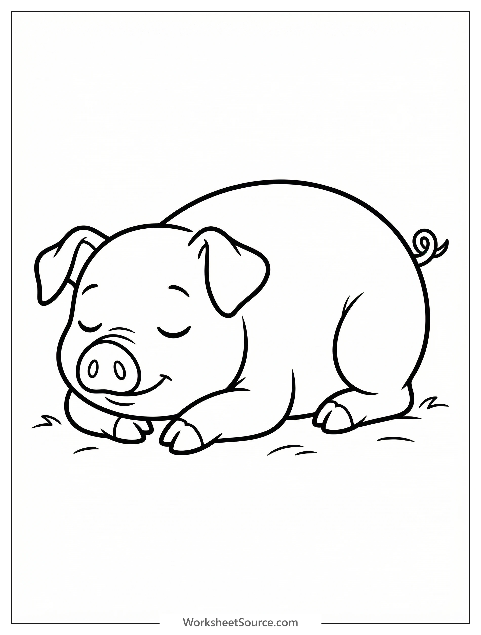 A sweet, anatomically correct pig is resting peacefully on the ground, with its legs gently folded beneath its body and eyes softly closed.