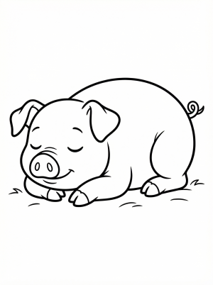 A sweet, anatomically correct pig is resting peacefully on the ground, with its legs gently folded beneath its body and eyes softly closed.
