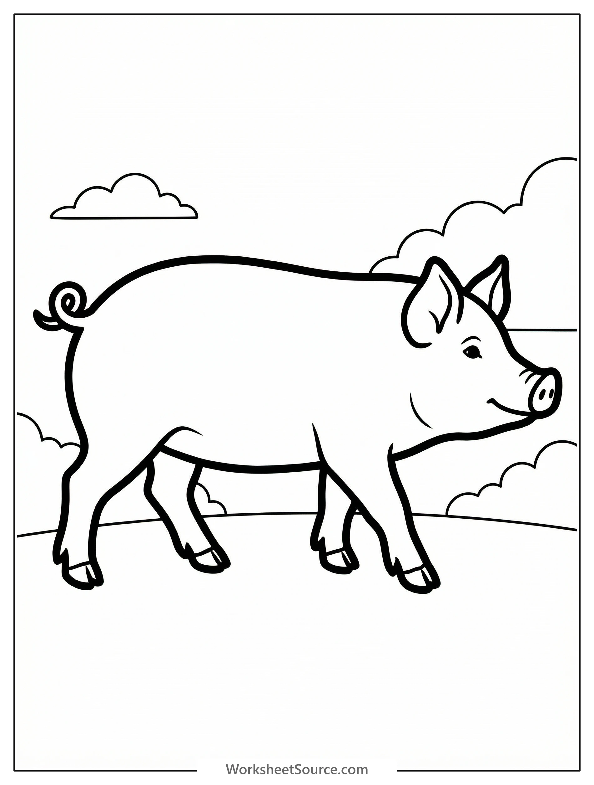 Anatomically correct side view of a domestic pig showing full body, snout, ears, legs, and curly tail, suitable for coloring.