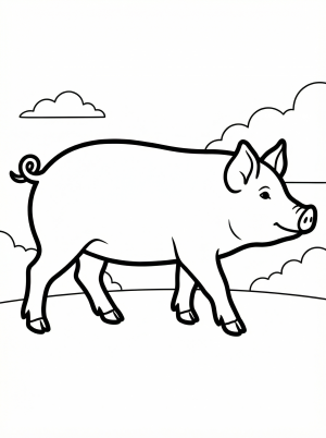 Anatomically correct side view of a domestic pig showing full body, snout, ears, legs, and curly tail, suitable for coloring.