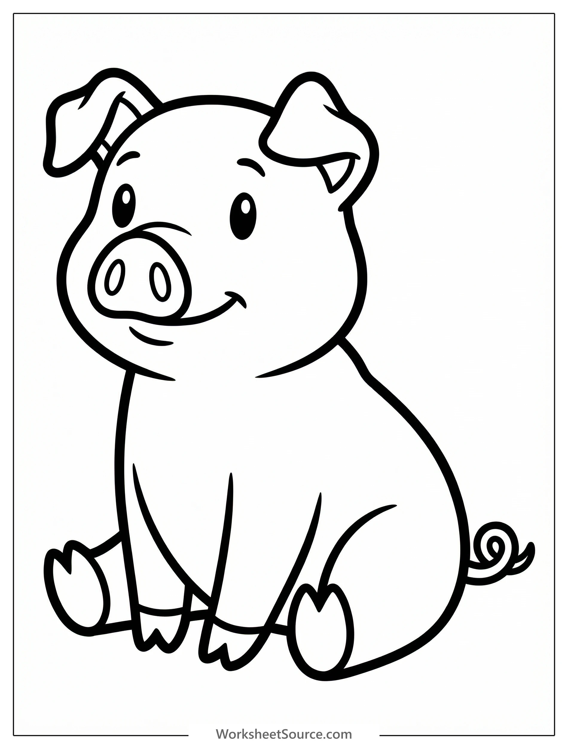 Anatomically correct cartoon pig sitting upright on its haunches with straight front legs. The black outline is ready for coloring.