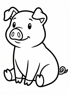 Anatomically correct cartoon pig sitting upright on its haunches with straight front legs. The black outline is ready for coloring.