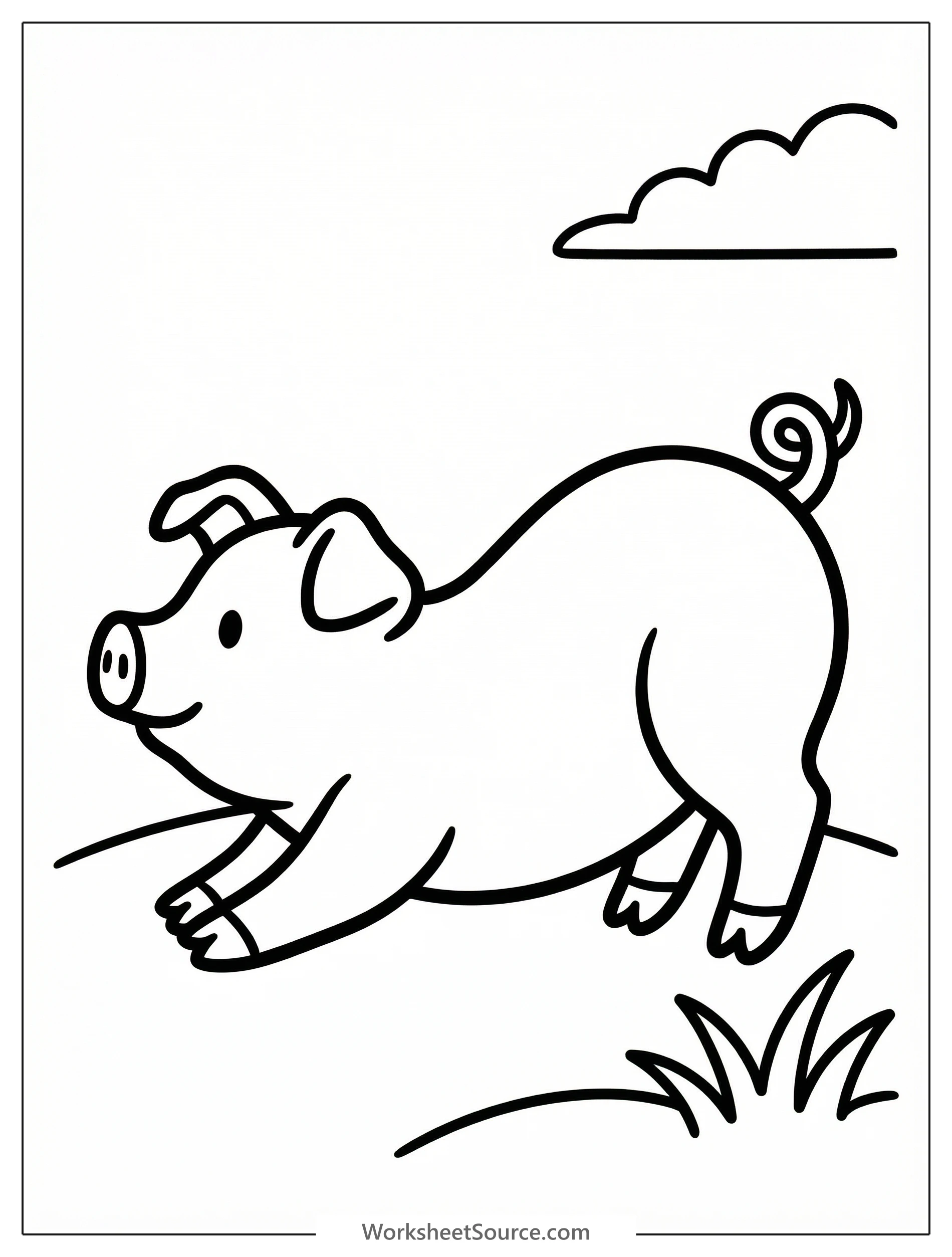 Outline drawing of an anatomically correct pig stretching its back with all four legs extended, head slightly tilted, and tail curled.