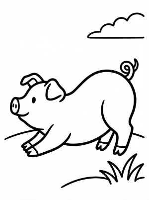 Outline drawing of an anatomically correct pig stretching its back with all four legs extended, head slightly tilted, and tail curled.