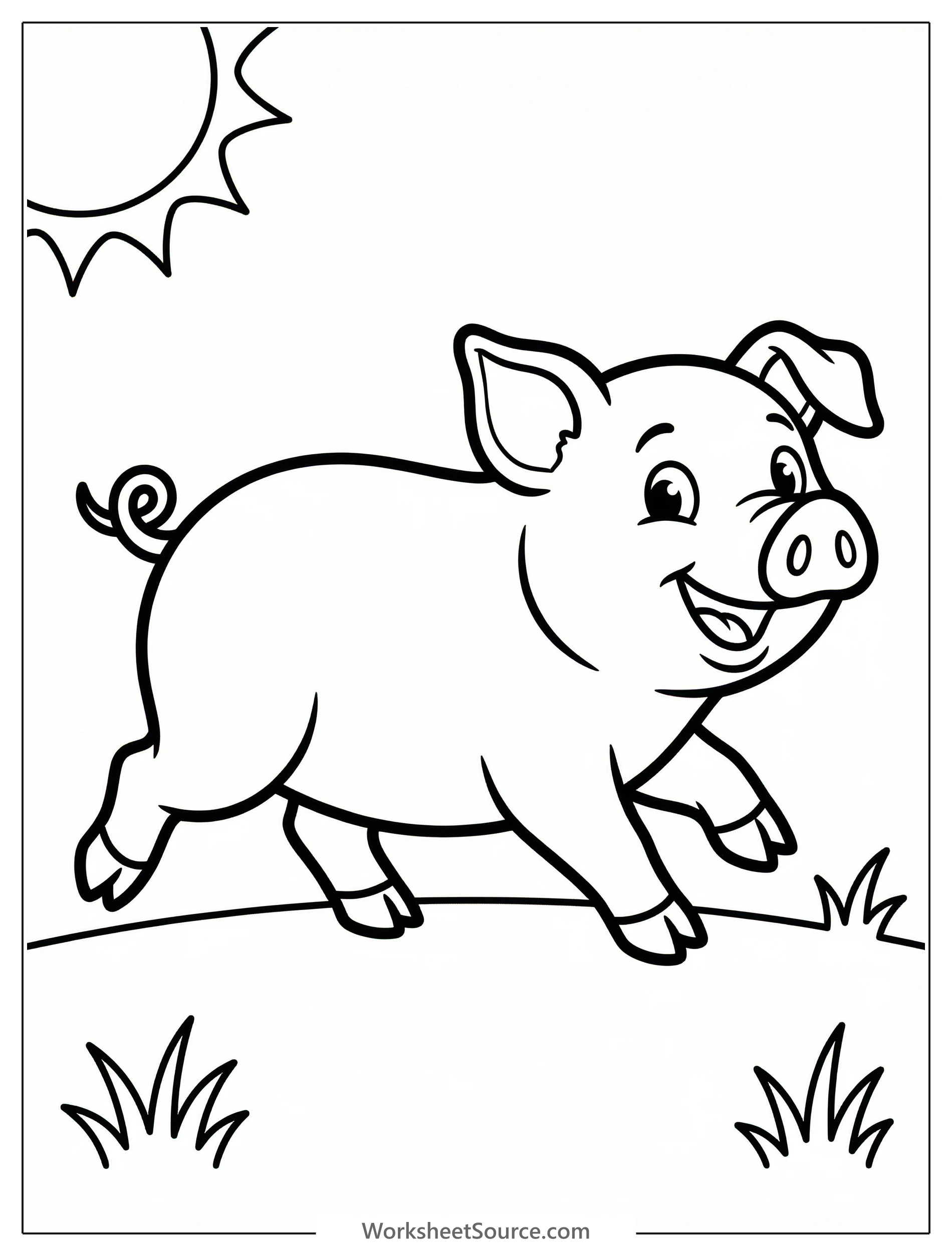 An anatomically correct cartoon pig, trotting with short quick steps across a field. The pig has a curly tail and a smiling face, ready for coloring.