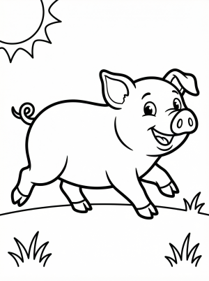 An anatomically correct cartoon pig, trotting with short quick steps across a field. The pig has a curly tail and a smiling face, ready for coloring.