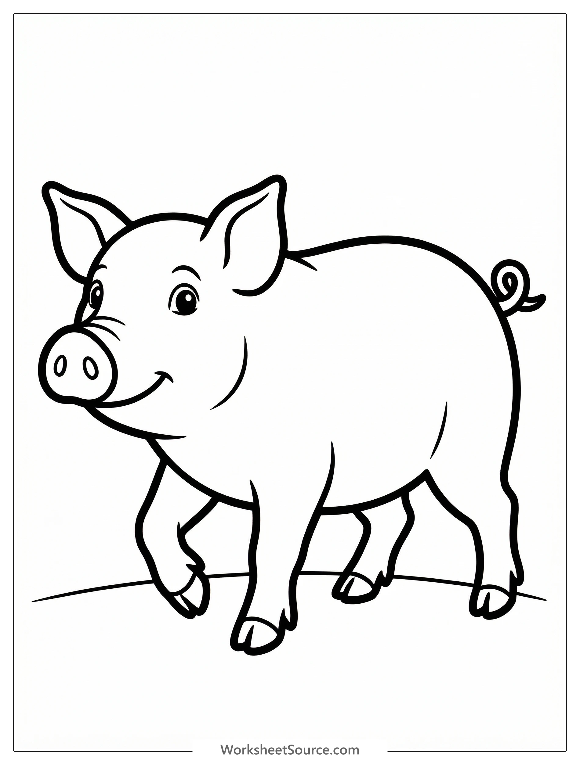 Anatomically correct line art drawing of a pig walking with its legs in motion, viewed from the side, ready for coloring.