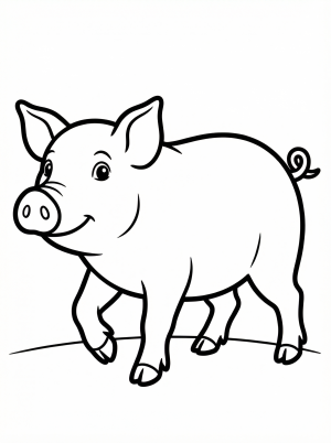Anatomically correct line art drawing of a pig walking with its legs in motion, viewed from the side, ready for coloring.