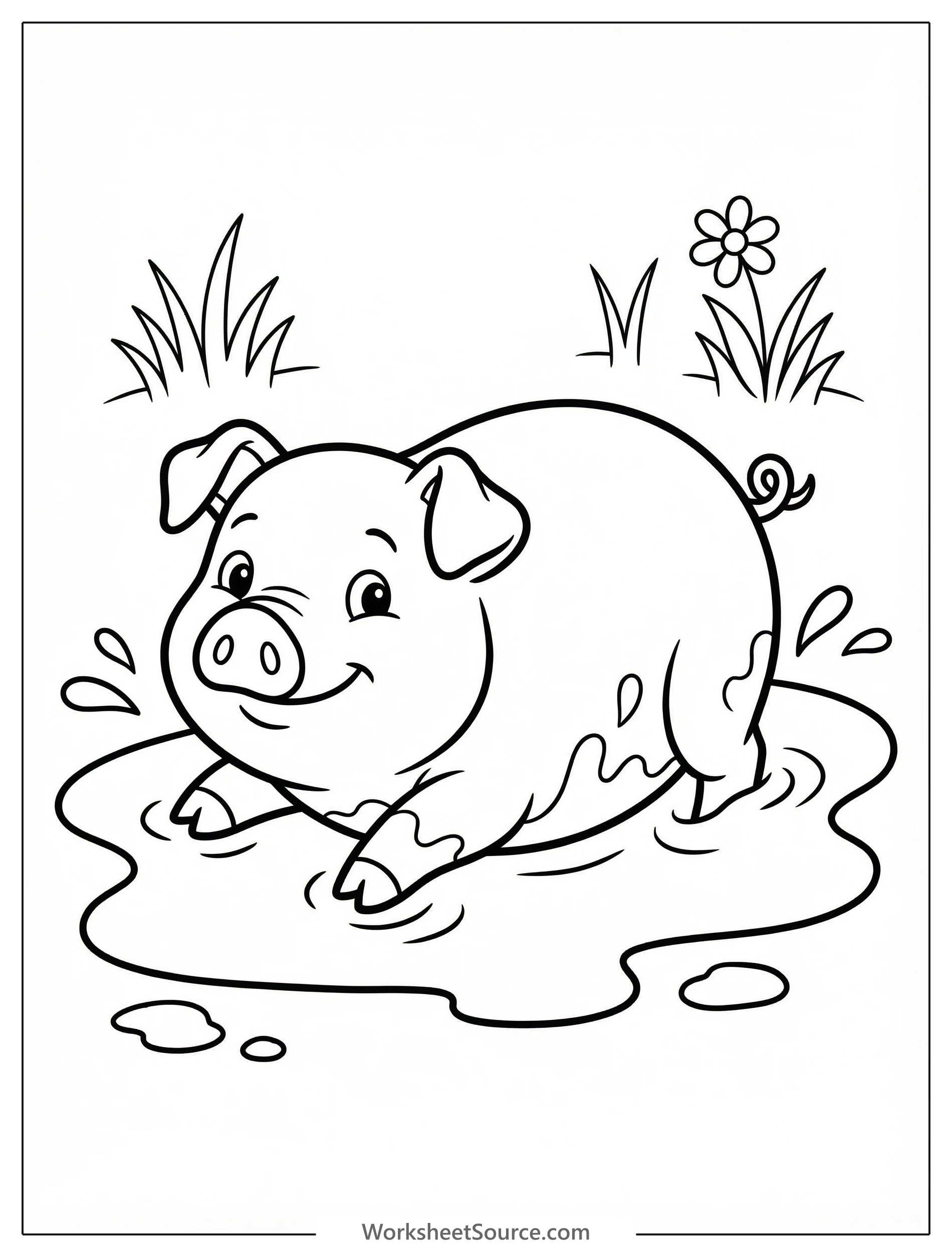 Anatomically correct pig joyfully wallowing in thick mud, eyes closed in contentment. Mud splashes around its body, depicting a happy farm animal scene.