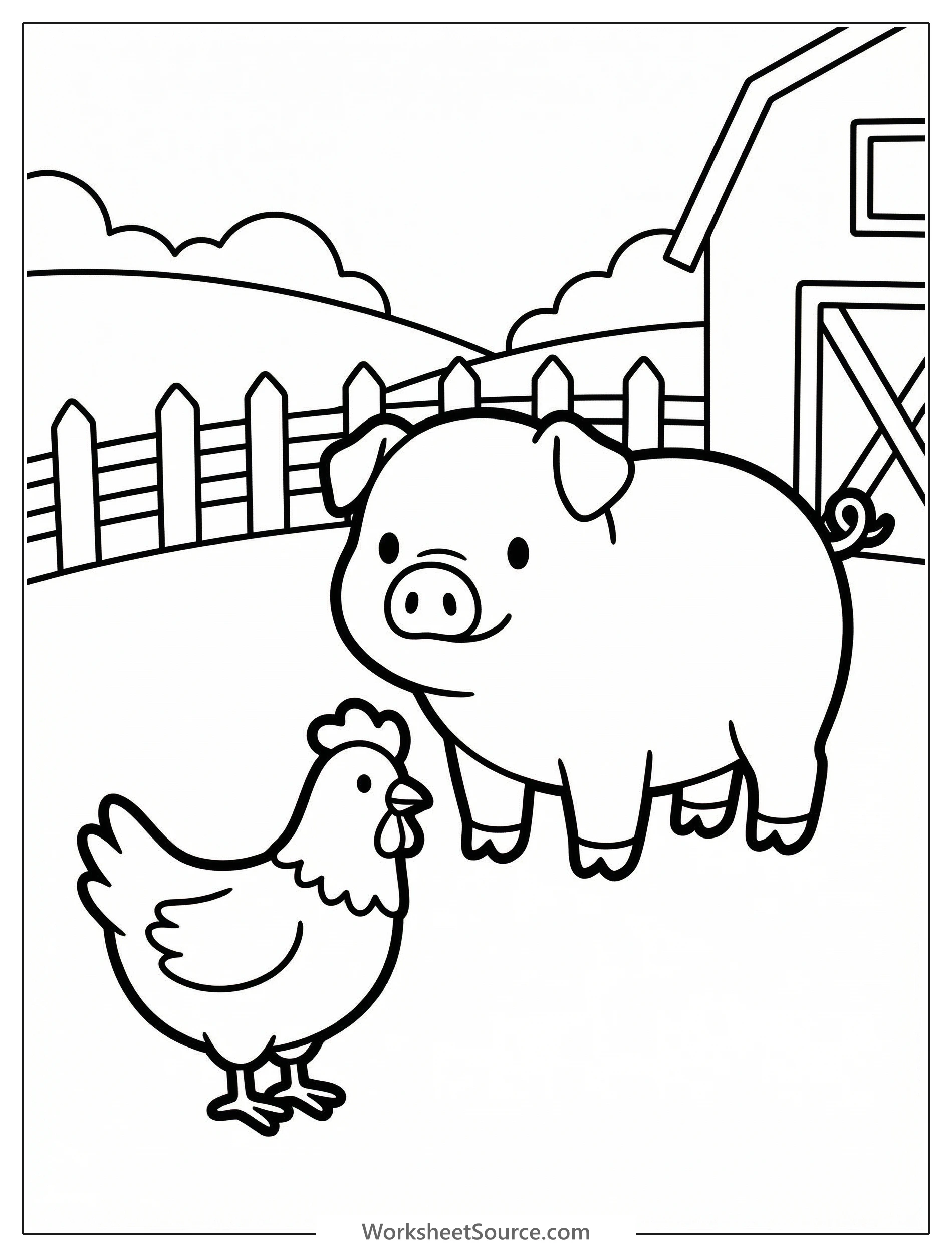 Anatomically correct illustration of a large pig standing with a smaller chicken nearby in a rural farm setting, ready for coloring.