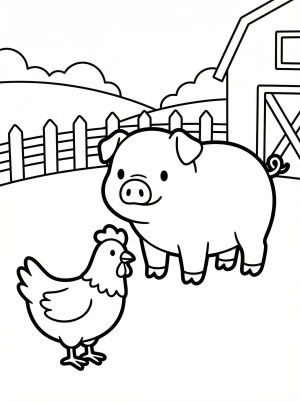 Anatomically correct illustration of a large pig standing with a smaller chicken nearby in a rural farm setting, ready for coloring.