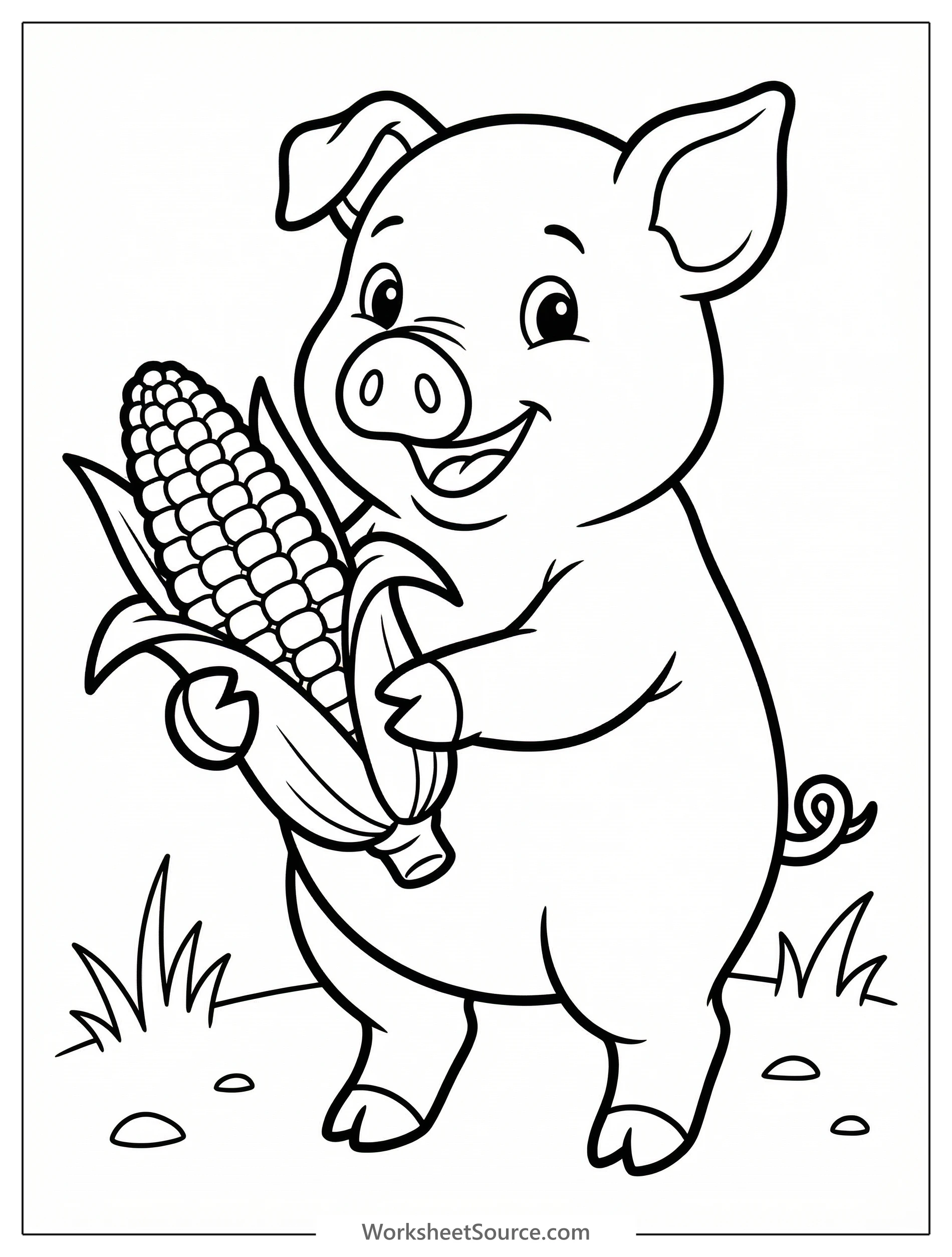 Black and white outline of an anatomically correct pig happily holding an ear of corn, standing on a simple ground line, ready for coloring.