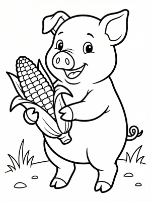 Black and white outline of an anatomically correct pig happily holding an ear of corn, standing on a simple ground line, ready for coloring.