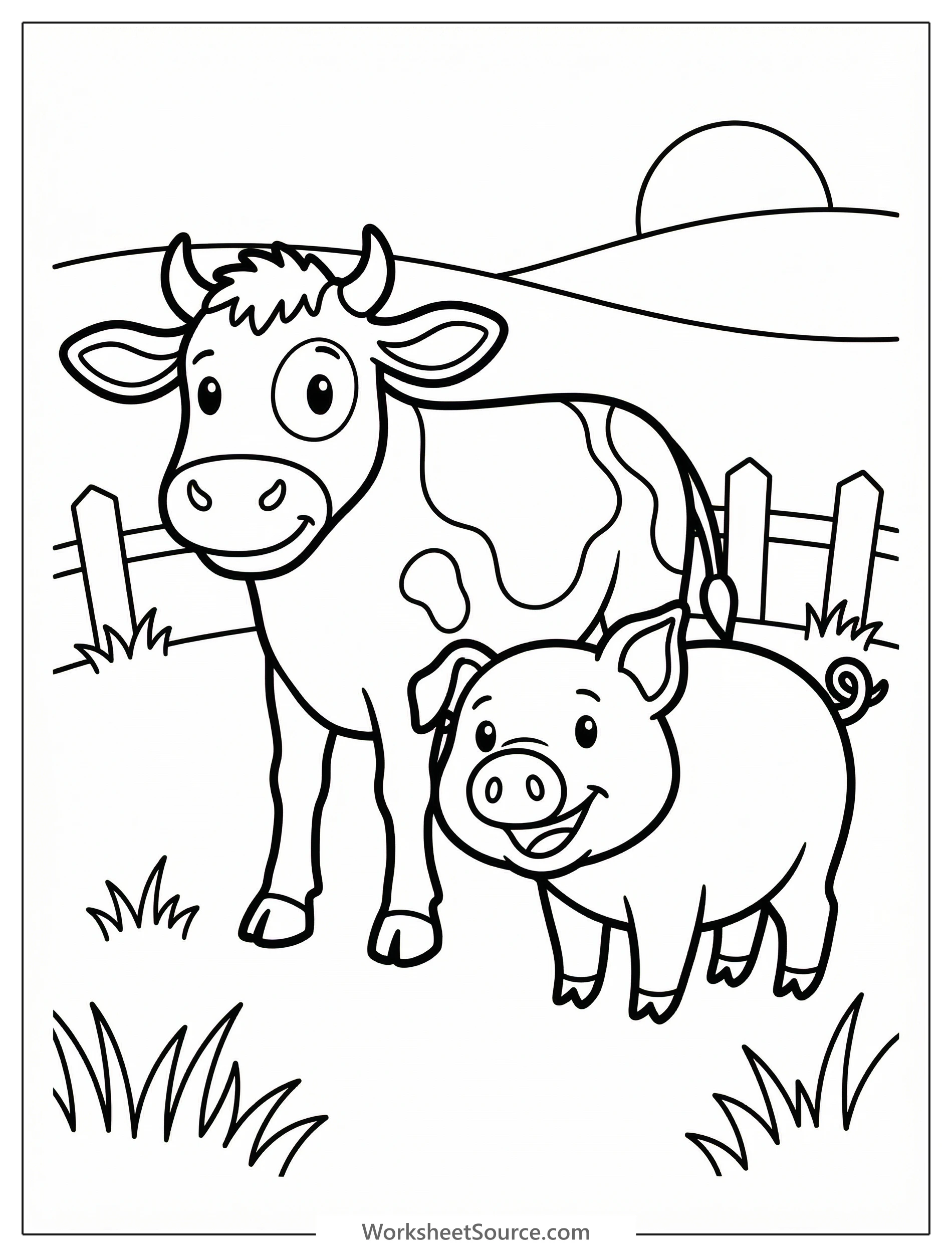 Anatomically correct pig and cow standing together in a grassy pasture beneath a clear sky, ready for coloring.