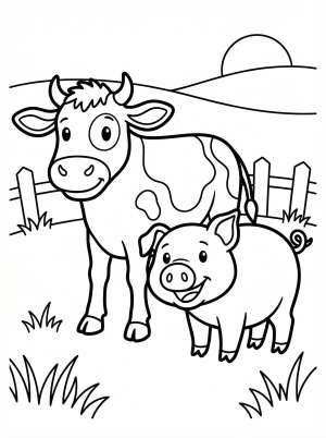 Anatomically correct pig and cow standing together in a grassy pasture beneath a clear sky, ready for coloring.