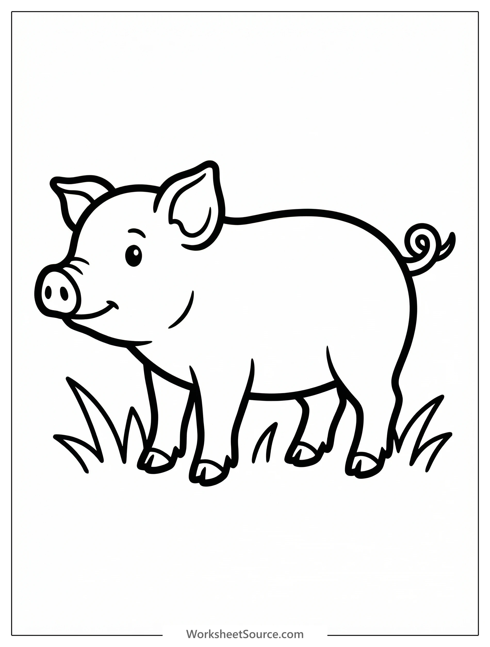 Outline drawing of an anatomically correct domestic pig in profile, facing left, with a prominent, distinctively curly tail visible.