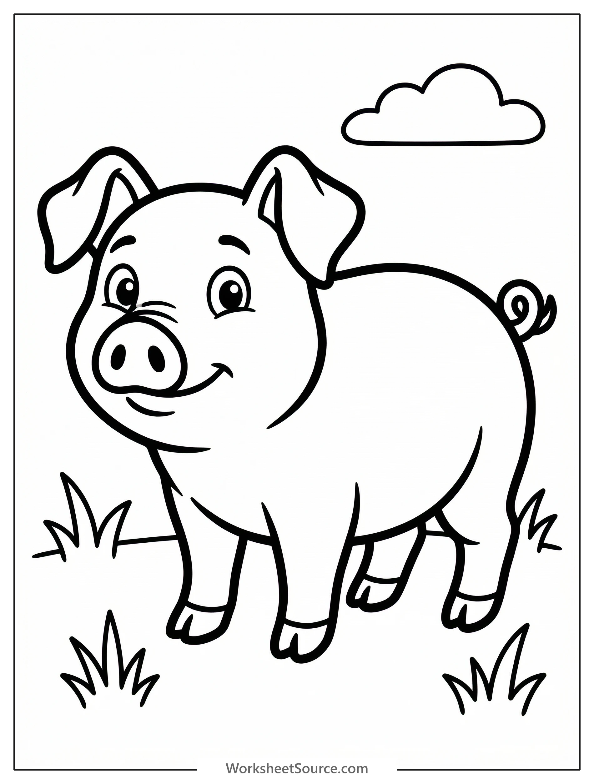Outline drawing of an anatomically correct pig with large floppy ears and an alert, curious expression, standing in profile.