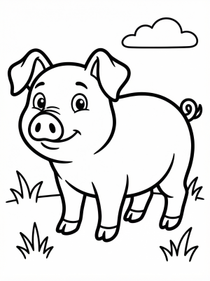 Outline drawing of an anatomically correct pig with large floppy ears and an alert, curious expression, standing in profile.