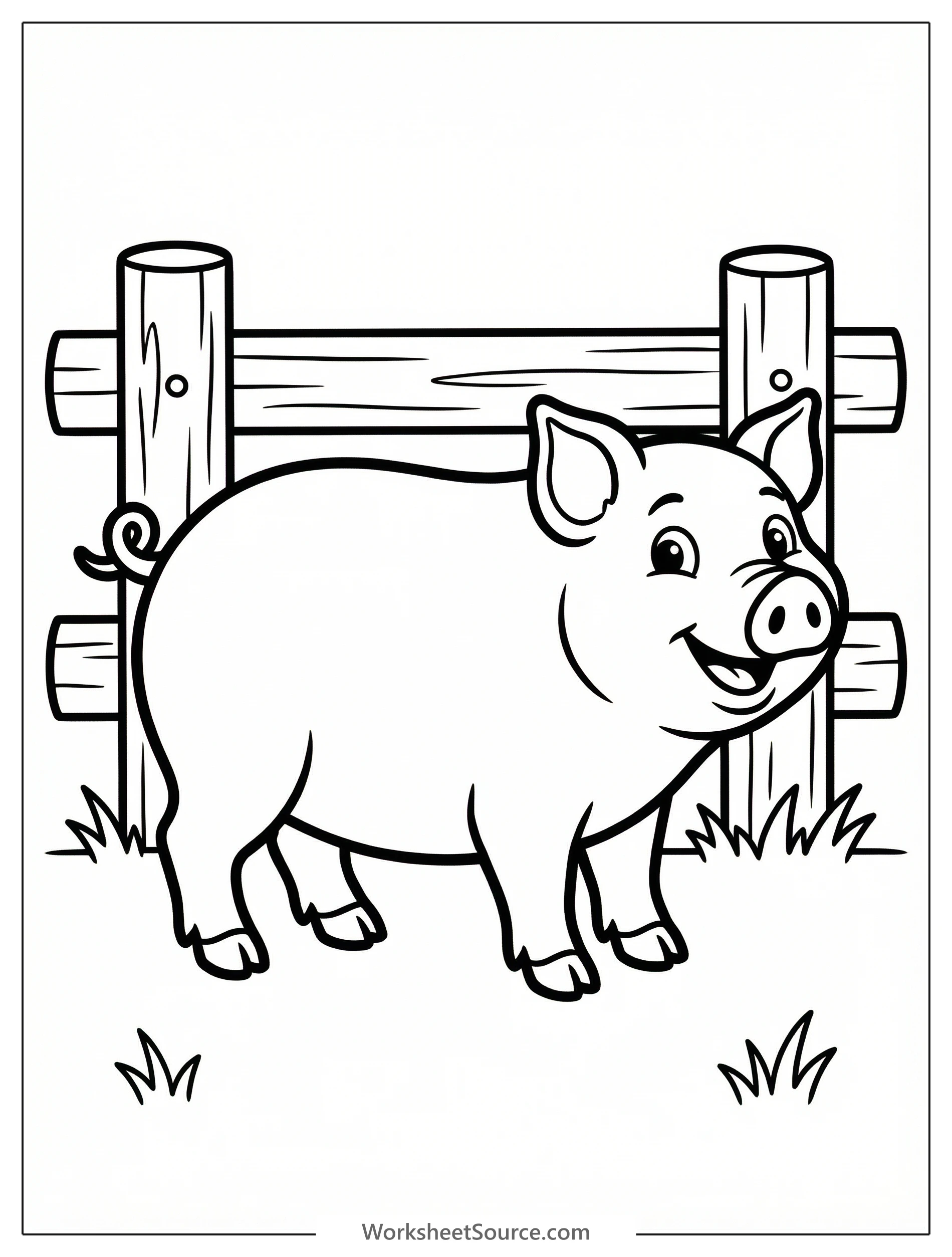 Line art illustration of an anatomically correct domestic pig standing near a wooden farm fence, ready for coloring by young learners.