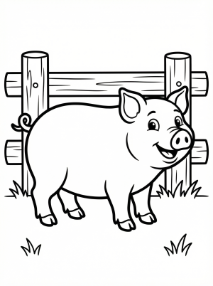 Line art illustration of an anatomically correct domestic pig standing near a wooden farm fence, ready for coloring by young learners.