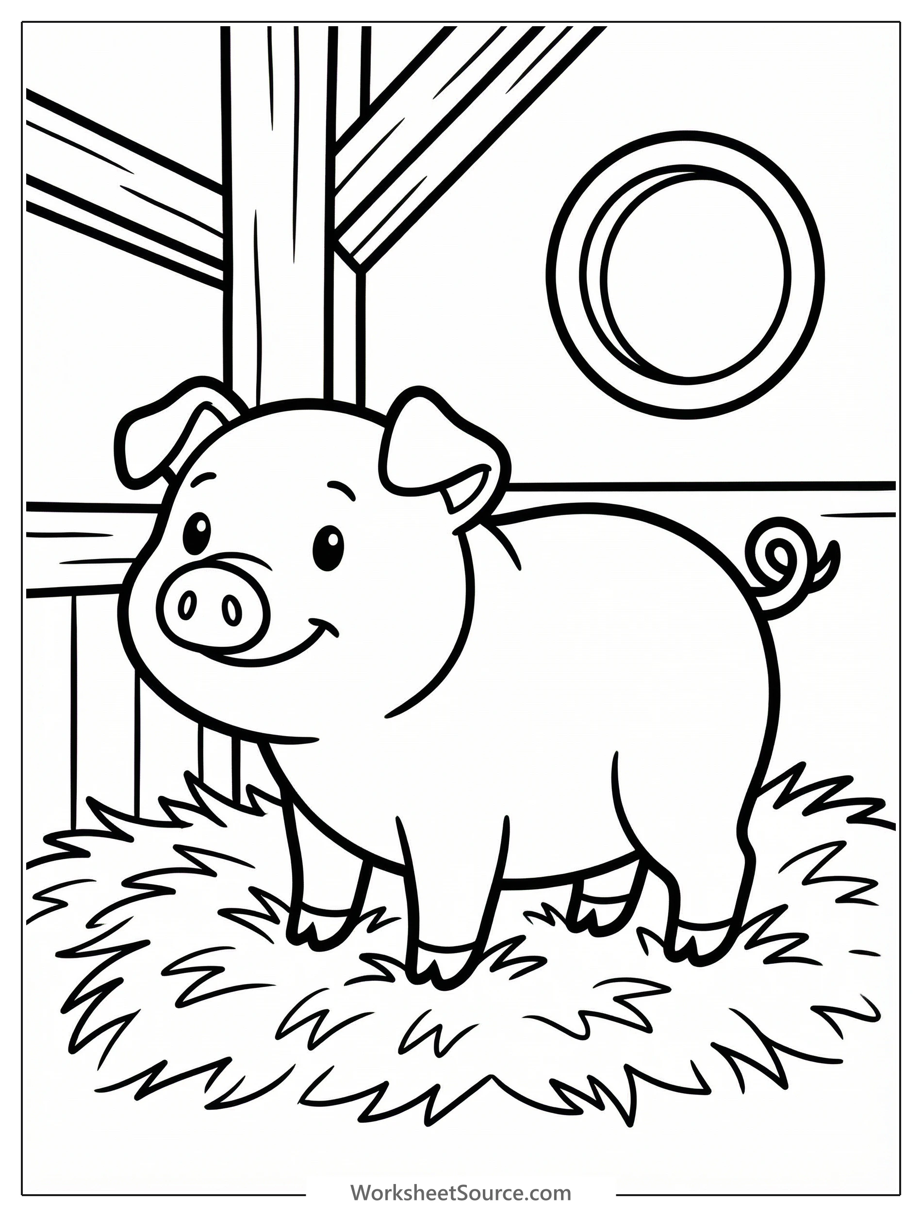 Anatomically correct drawing of a domestic pig resting comfortably on a bed of hay inside a rustic barn. The pig has realistic features and textures.