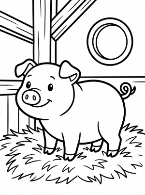 Anatomically correct drawing of a domestic pig resting comfortably on a bed of hay inside a rustic barn. The pig has realistic features and textures.