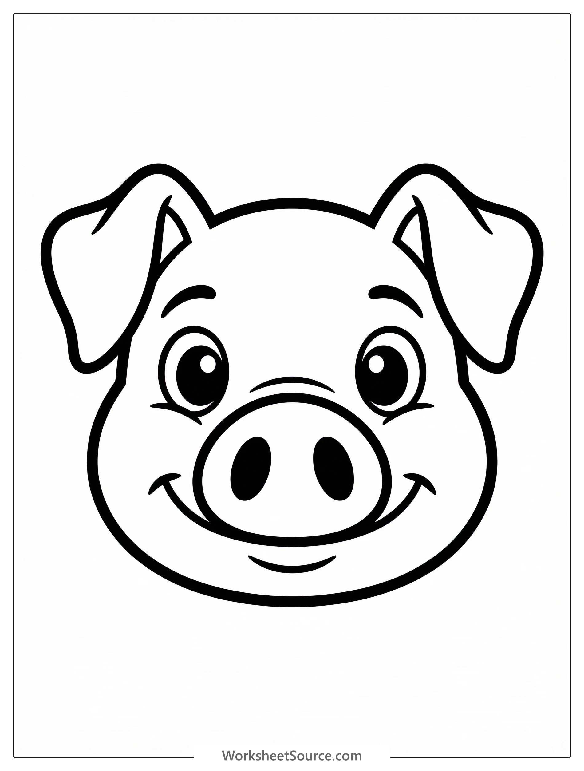 Anatomically correct line art of a pig's face, featuring a prominent snout with detailed nostrils, eyes, and ears, ready for coloring.