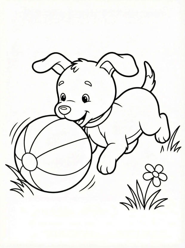 Free printable coloring page showing a cute puppy playing with a ball, perfect for kids to practice fine motor skills and creativity