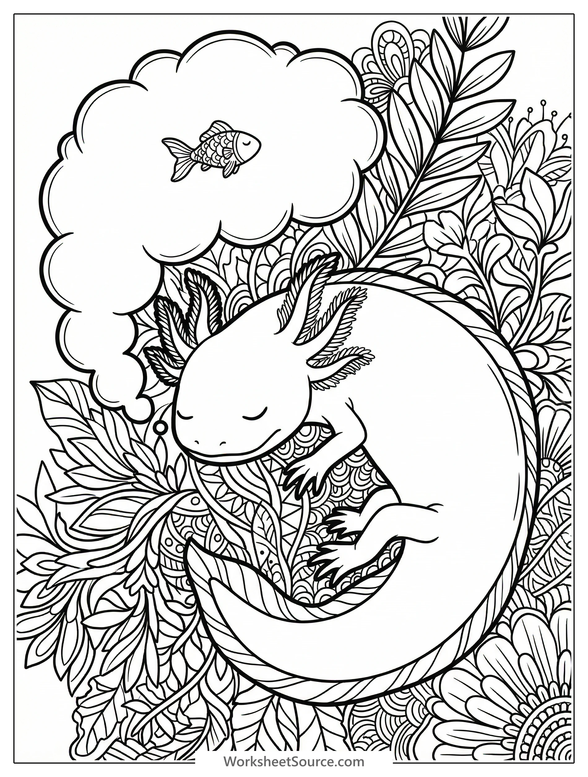 Close up of a sleeping pink axolotl with closed eyes, a gentle smile, and delicate gills. A small thought bubble above its head shows a tiny fish.