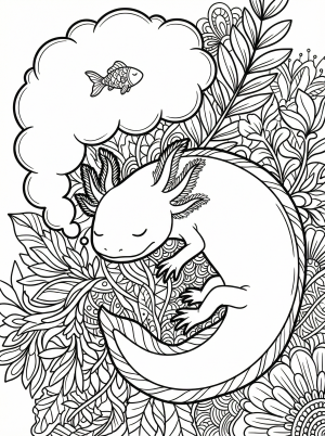 Close up of a sleeping pink axolotl with closed eyes, a gentle smile, and delicate gills. A small thought bubble above its head shows a tiny fish.